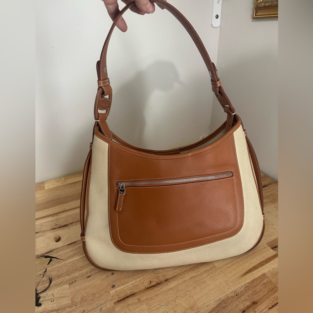 Salvatore Ferragamo Tan Italian Leather & Ivory Cream Canvas Shoulder Bag